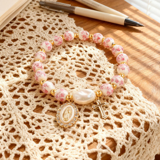 Blue and White Pottery Beads & Baroque Pearl Elastic Cord Cross Bracelet Amenvia