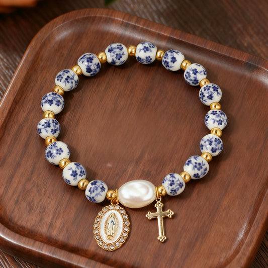 Blue and White Pottery Beads & Baroque Pearl Elastic Cord Cross Bracelet Amenvia