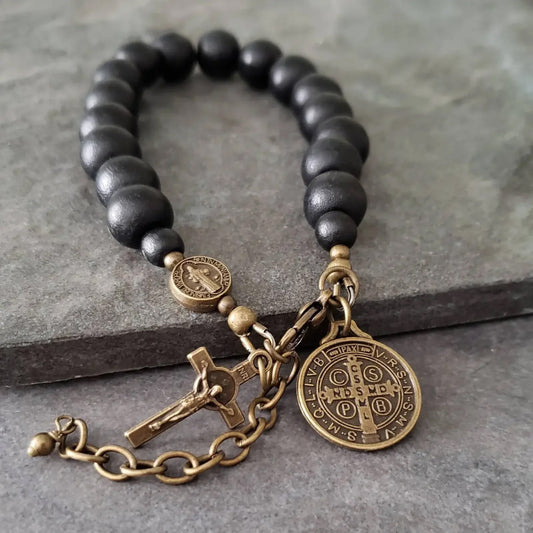 Black Wood Beads Brass Saint Benedict Medal Adjustment Bracelet Amenvia