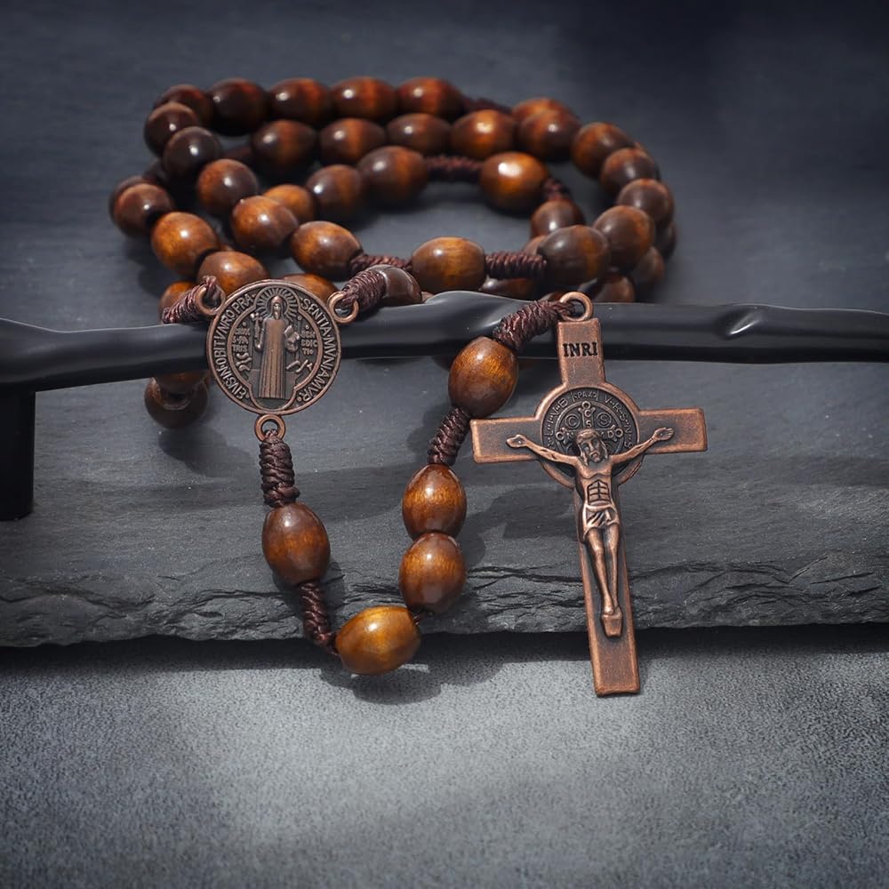 Oval Wooden Beads Saint Benedict Medal Crucifix Rosary Amenvia